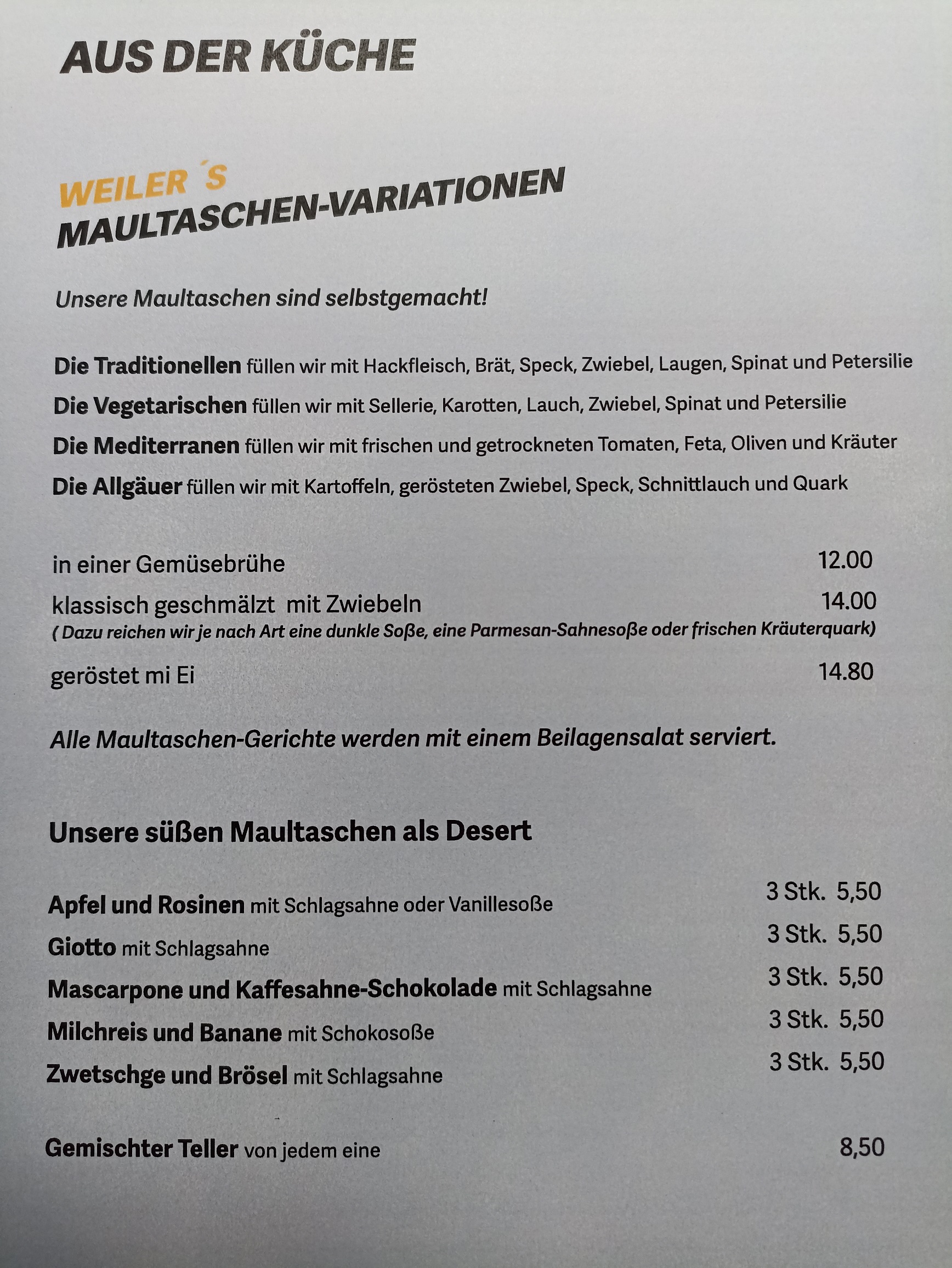 WEILER´S Schwäbisch Hall - Speisekarte WEILER´S Schwäbisch Hall - Speisekarte